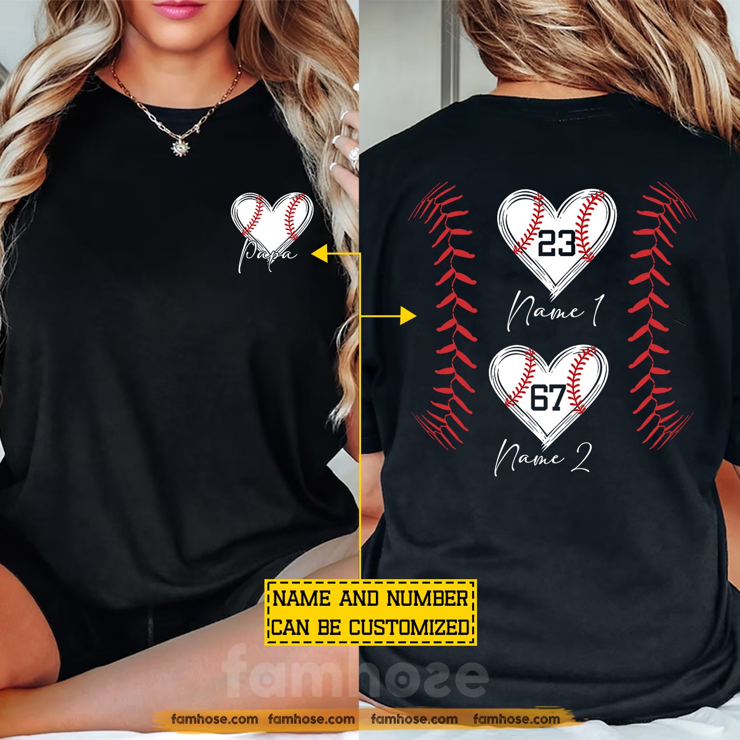Personalized Baseball Dad Two-sided T-shirt, Baseball Papa Sport Tees Father's Day Gift For Baseball Lover