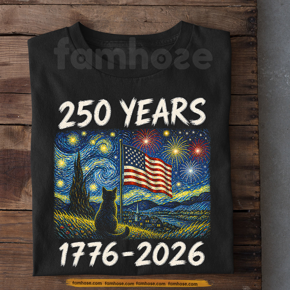 July 4th Cat USA 250 Anniversary T-shirt, 250 Years Of Freedom Under The Stars Tees Independence Day Gift For Cat Lover