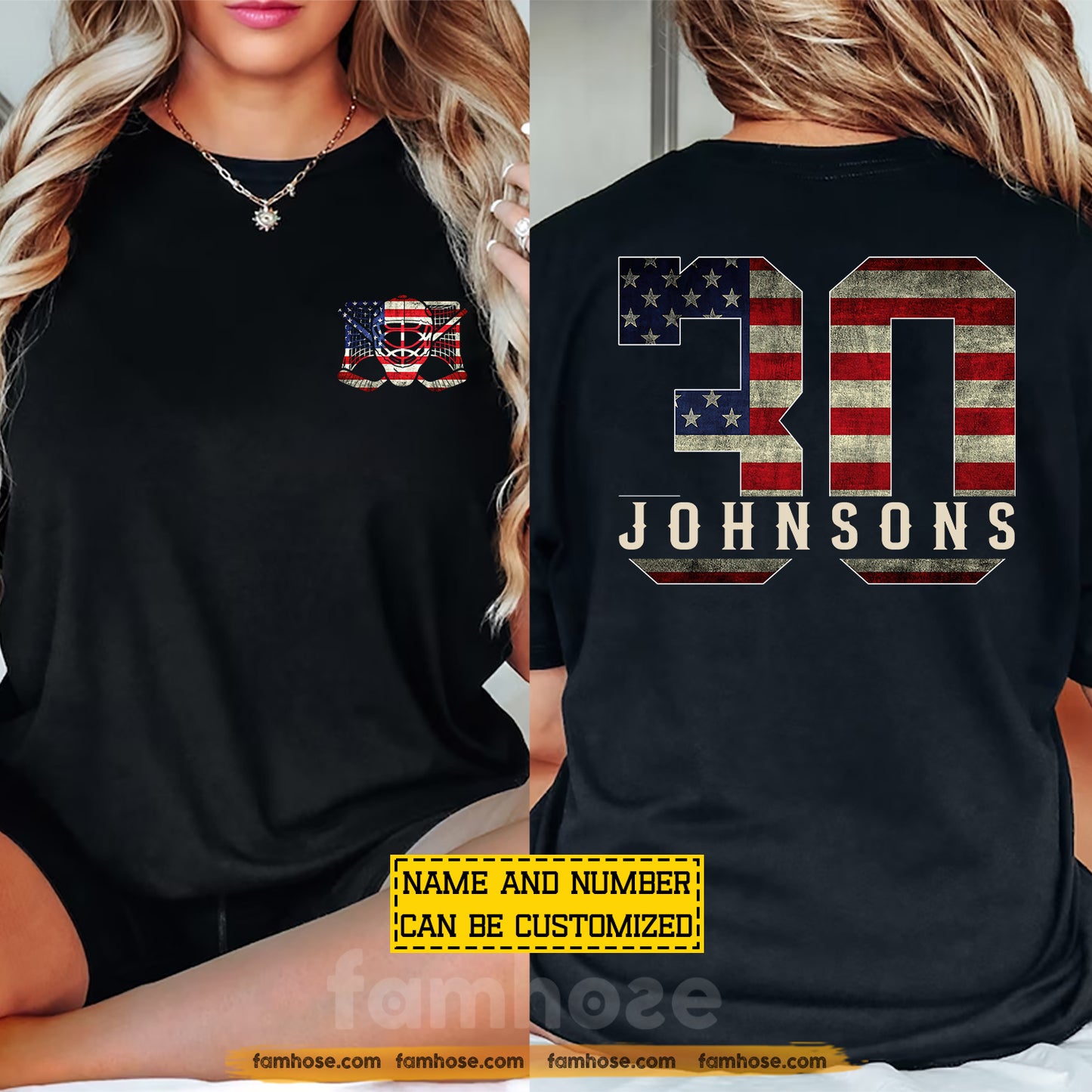 Personalized July 4th Hockey Two-sided T-shirt, Defending The Net With Pride Sport Tees Independence Day Gift For Hockey Lover