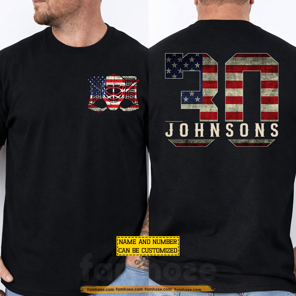 Personalized July 4th Hockey Two-sided T-shirt, Defending The Net With Pride Sport Tees Independence Day Gift For Hockey Lover