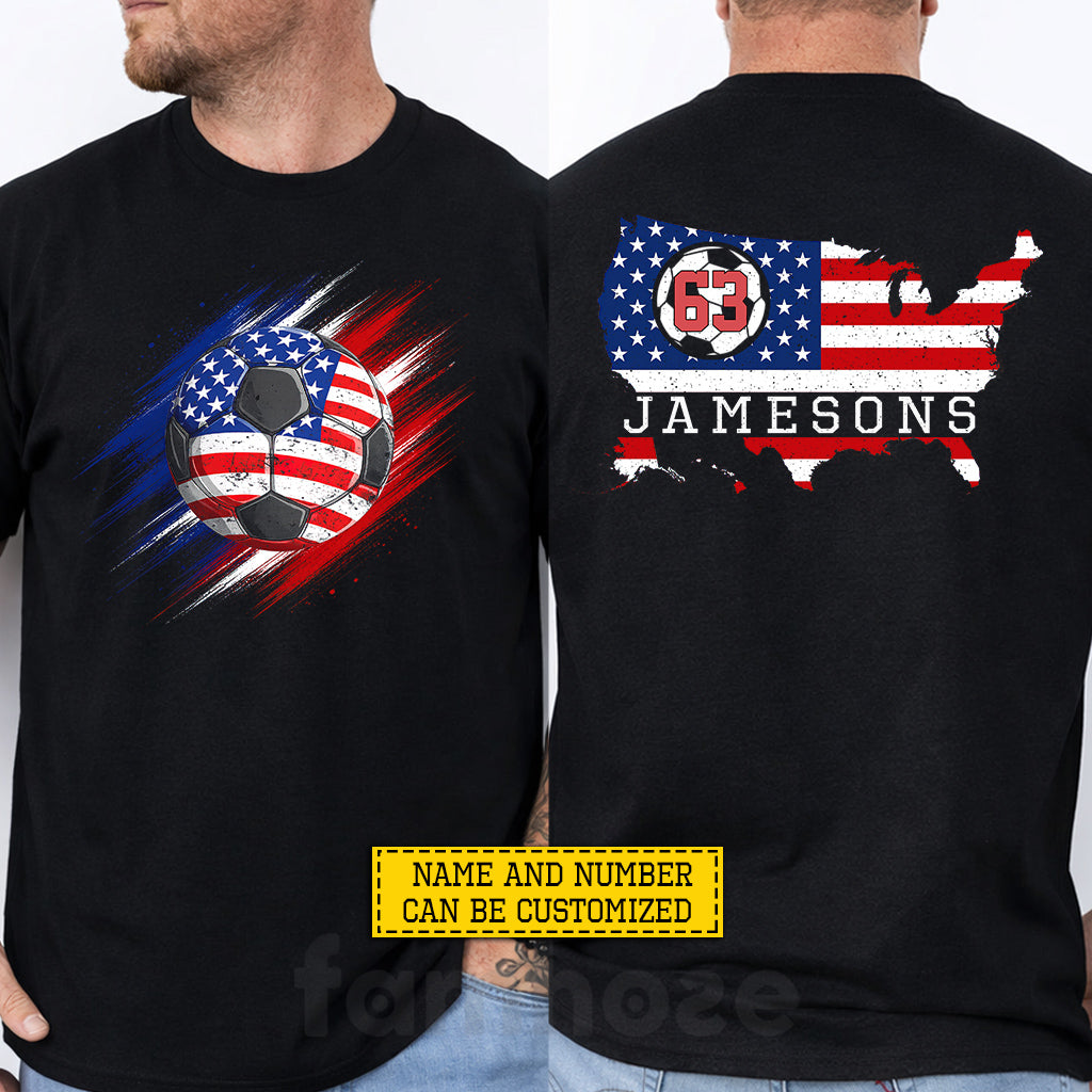 Personalized Soccer July 4th Two-sided T-shirt, Patriotic Soccer Sport Tees Independence Day Gift For Soccer Lover