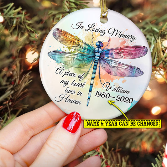 Personalized Circle Ceramic Ornament, A Piece Of My Heart Lives In Heaven, Memorial Ornament In Loving Memory Of A Loved One