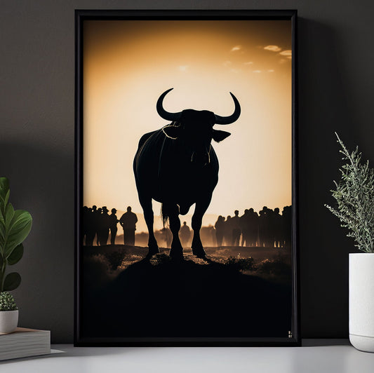 Bull Silhouette, Bull Riding Canvas Painting, Wall Art Decor - Bull Riding Poster Gift, Gift For Cowboy Lovers