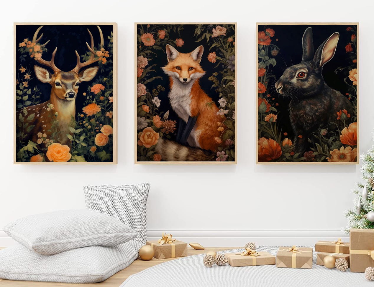 Set Of 3 Mythical Animals Stag Fox Rabbit In Forest Vintage Canvas Wall Art Print - Dark Academia Gothic Animals Poster Art Print