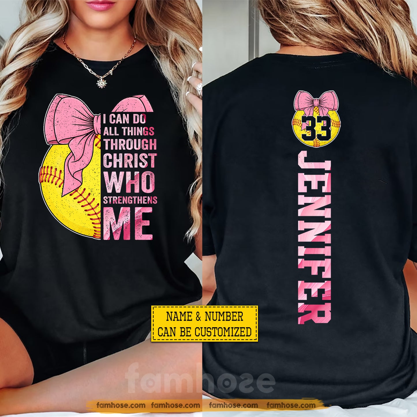 Personalized Softball Girl Jesus Two-sided T-shirt, I Can Do All Things Through Christ Sport Tees Gift For Christian, Softball Lover