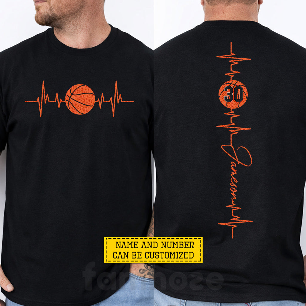 Personalized Basketball Two-sided T-shirt, My Heart Beats For Basketball Sport Tees Gift For Basketball Lovers