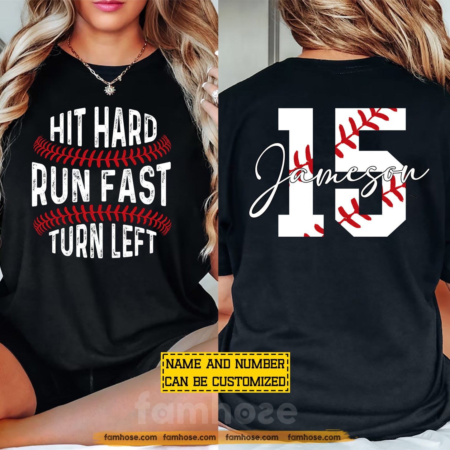 Personalized Baseball Two-sided T-shirt, Hit Hard Run Fast Turn Left Sport Tees Gift For Baseball Lover