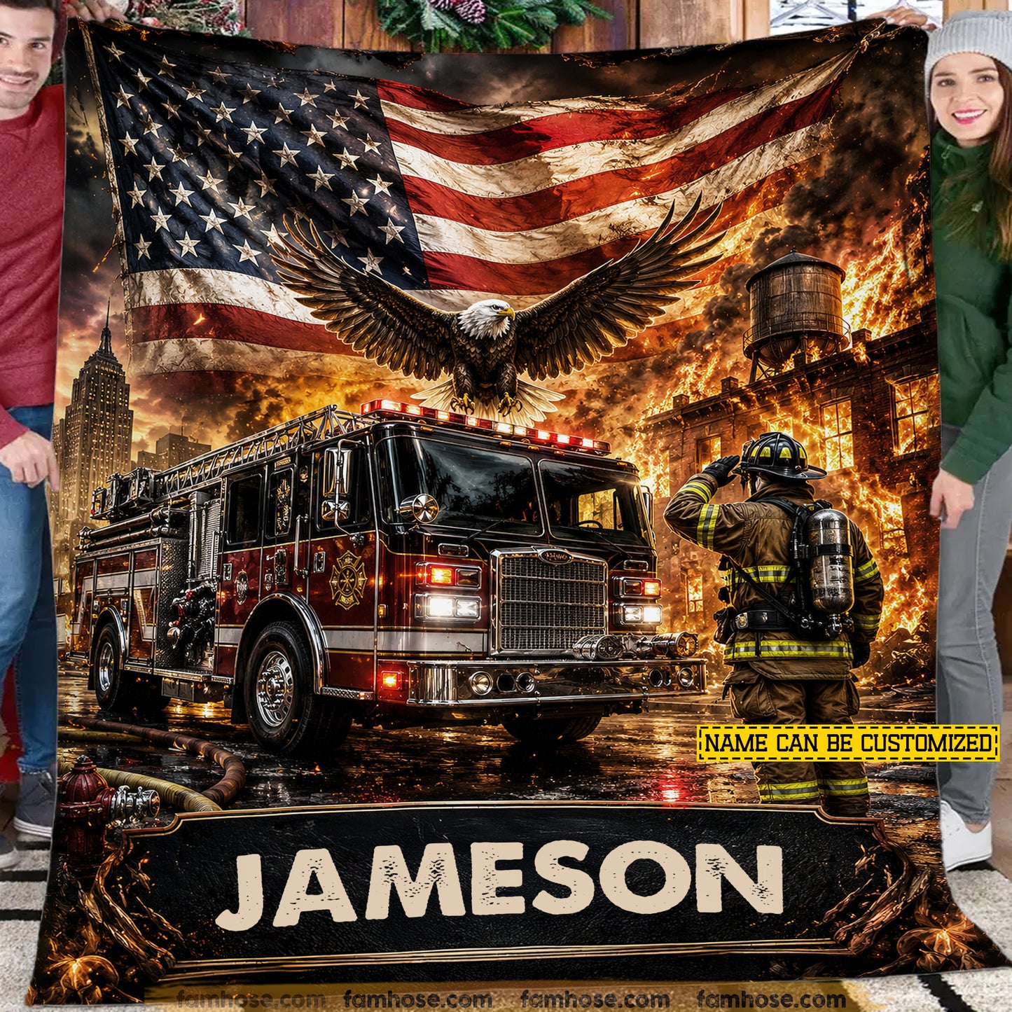 Personalized Firefighter Fleece Blanket, Where Heroes Run In Fire Woven Blanket, Sherpa Blanket Gift For Firefighters