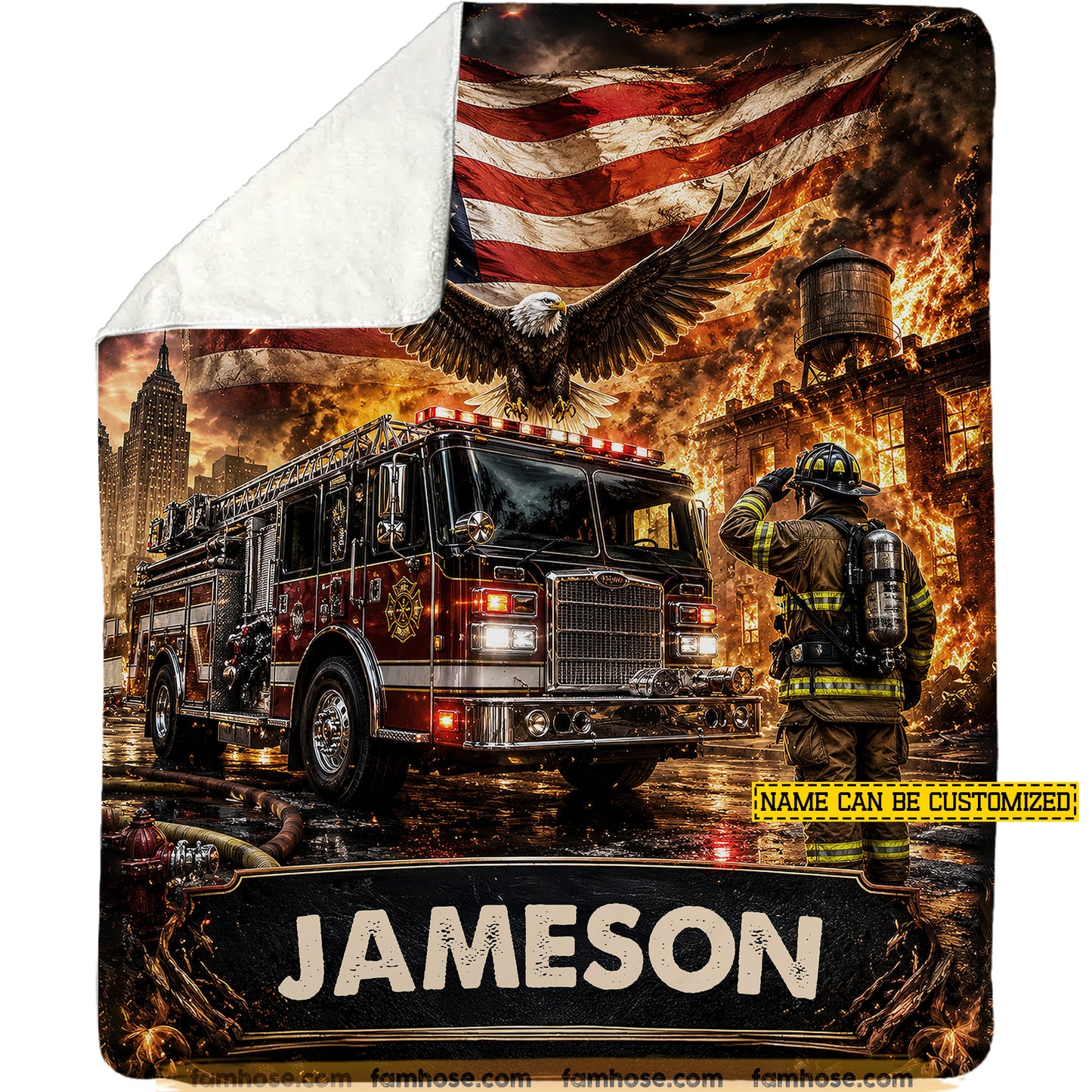 Personalized Firefighter Fleece Blanket, Where Heroes Run In Fire Woven Blanket, Sherpa Blanket Gift For Firefighters