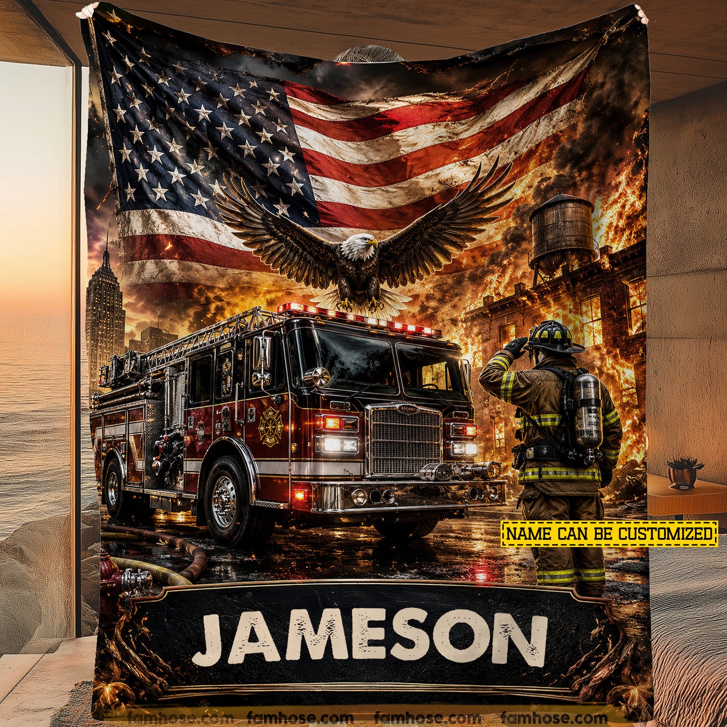 Personalized Firefighter Fleece Blanket, Where Heroes Run In Fire Woven Blanket, Sherpa Blanket Gift For Firefighters
