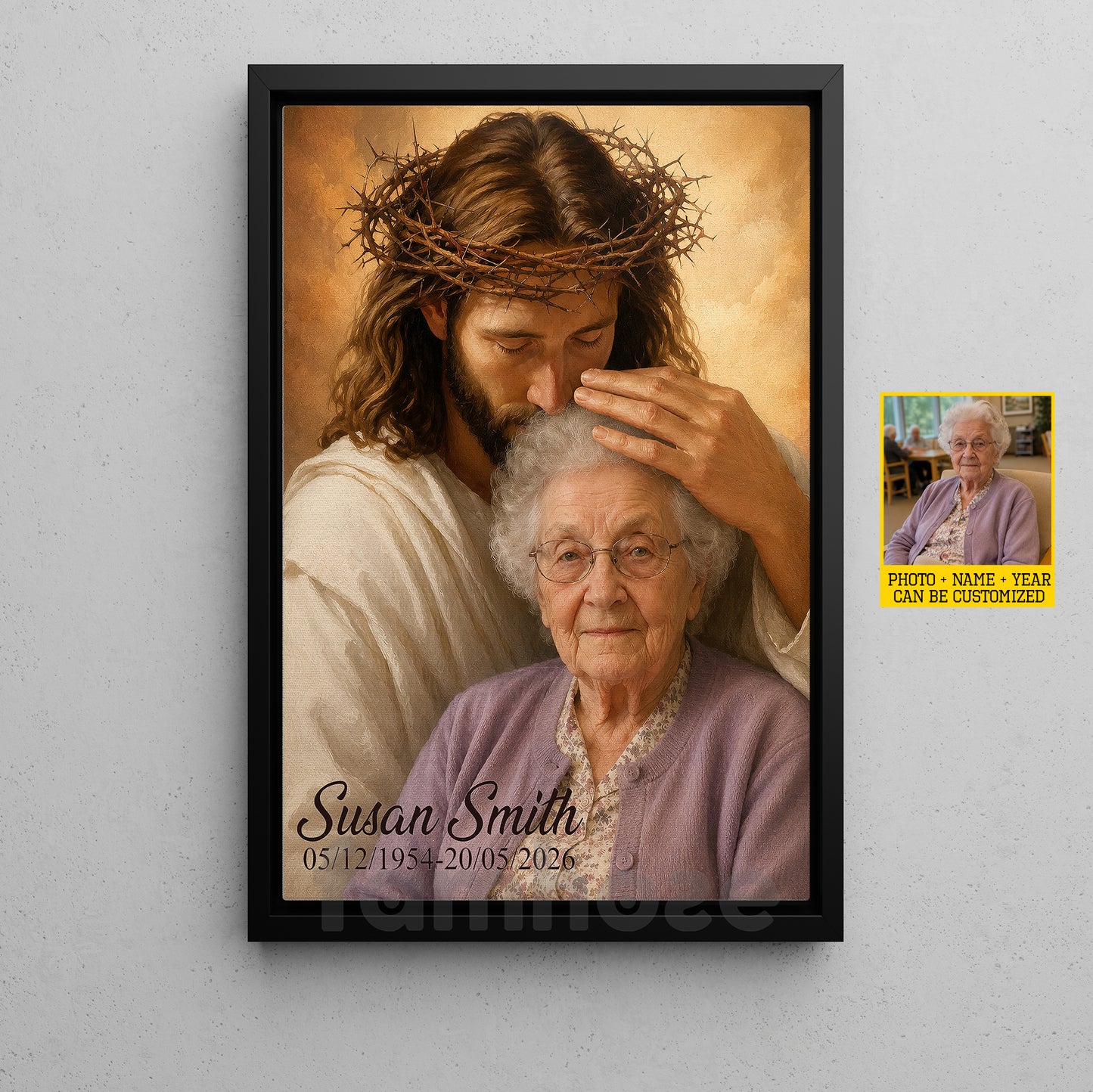 Personalized Jesus Deceased People Canvas Painting, In Heaven With Jesus Wall Art Decor, Poster Gift For Christian