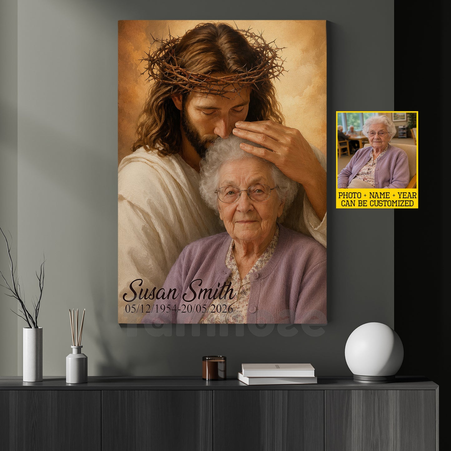 Personalized Jesus Deceased People Canvas Painting, In Heaven With Jesus Wall Art Decor, Poster Gift For Christian
