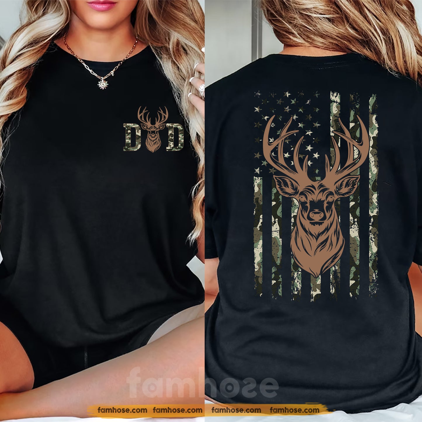 Hunting Dad Two-sided T-shirt, Where The Wild Roams Deer Hunter Patriotic Tees Father's Day Gift For Hunter Dad