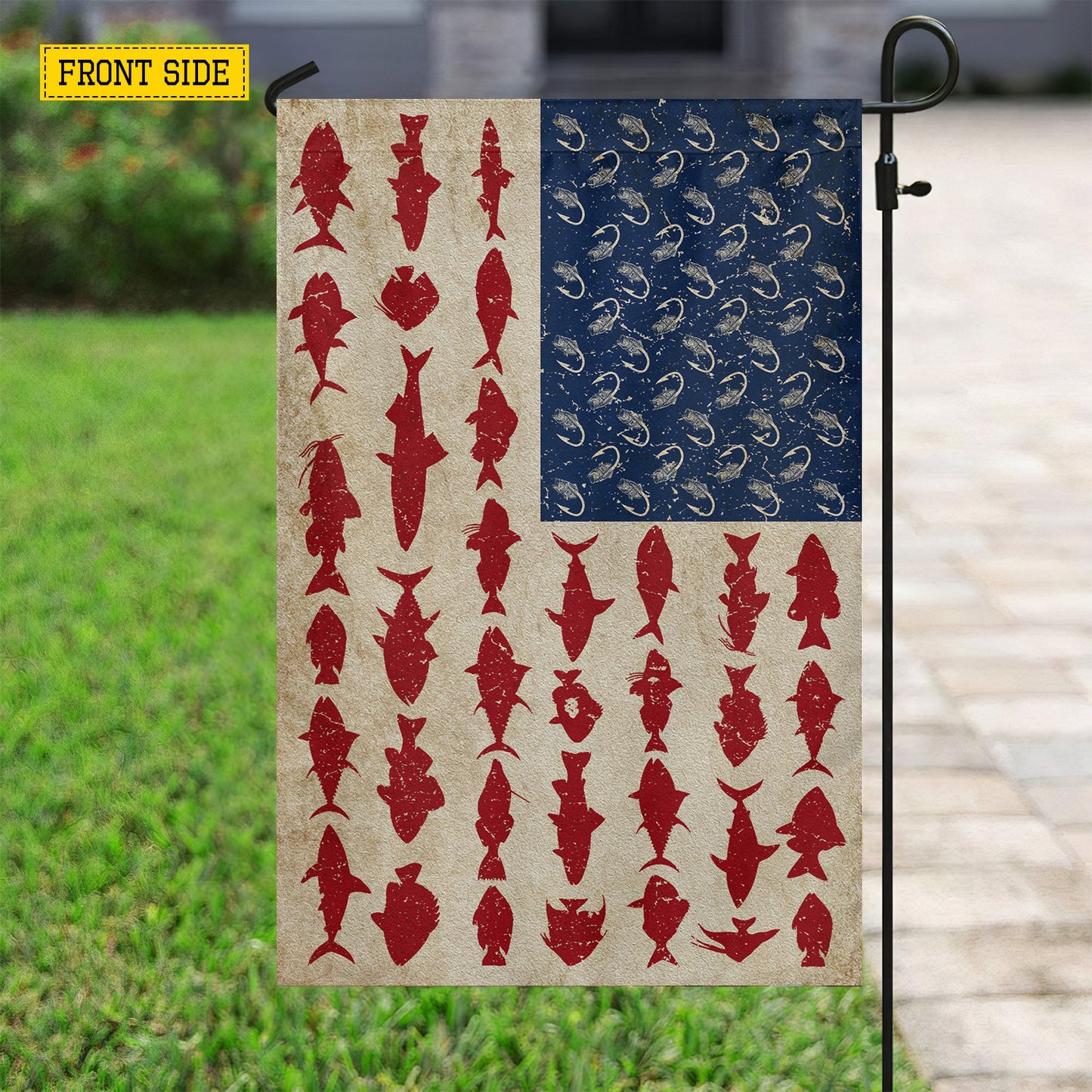 July 4th Saltwater Fishing USA Garden Flag & House Flag, Hooked On Freedom Saltwater Fishing Outdoor Decor, Independence Day Yard Flag Gift For Fishing Lover