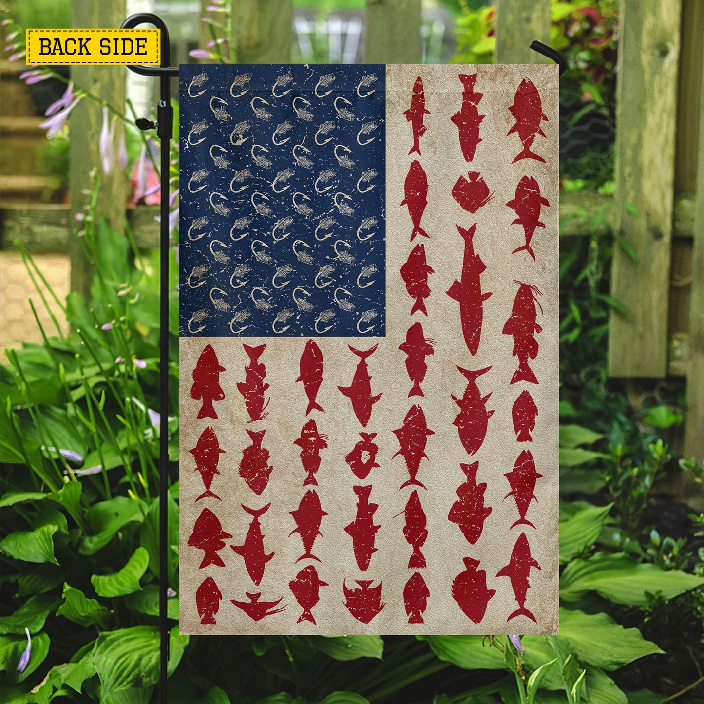 July 4th Saltwater Fishing USA Garden Flag & House Flag, Hooked On Freedom Saltwater Fishing Outdoor Decor, Independence Day Yard Flag Gift For Fishing Lover