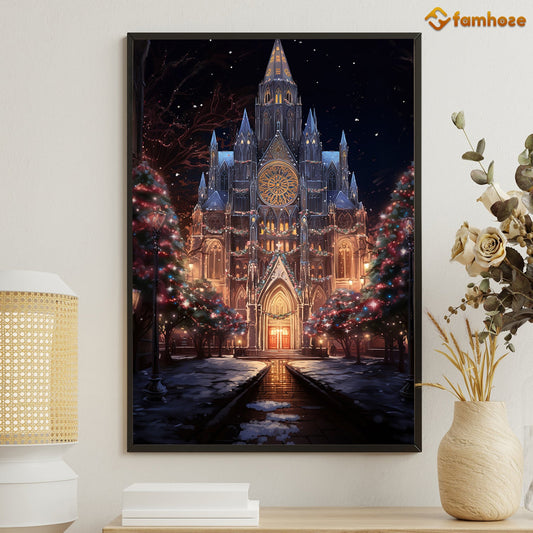 Midnight Mass A Cathedral's Yuletide Glow Christmas Canvas Painting, Xmas Wall Art Decor - Christmas Poster Gift