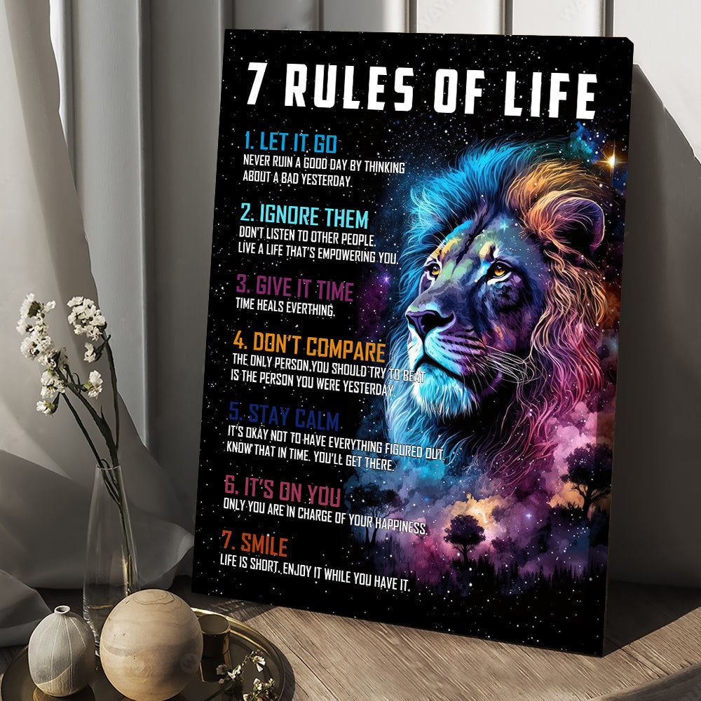 7 Rules Of Life, Motivational Lion Canvas Painting, Inspirational Quotes Wall Art Decor, Poster Gift For Lion Lovers