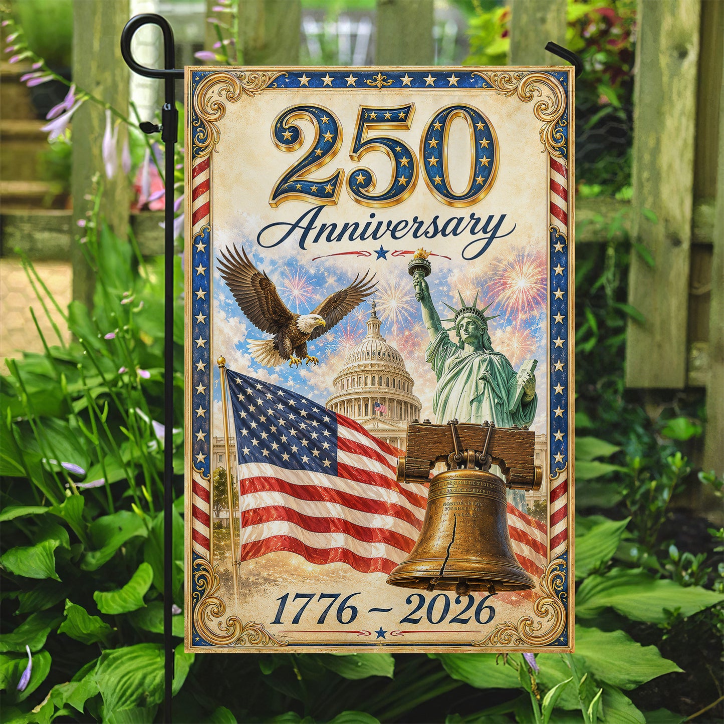 July 4th 250 Anniversary USA Garden Flag & House Flag, Stars Stripes And Liberty Patriotic Outdoor Decor, Independence Day Yard Flag Gift For American Patriot