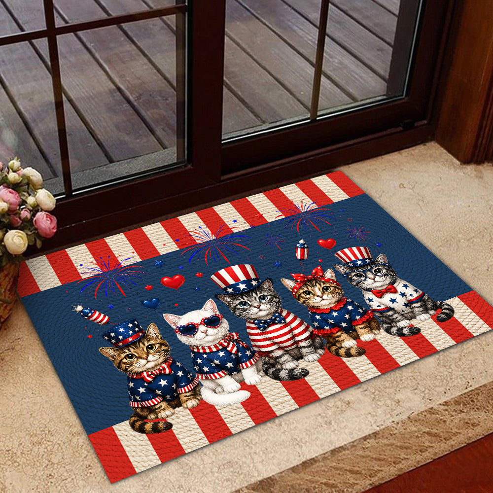 July 4th Cat Doormat, Red White And Meow Patriotic Doormat For Home Decor Housewarming Gift Welcome Mat Independence Day Gift For Cat Lover