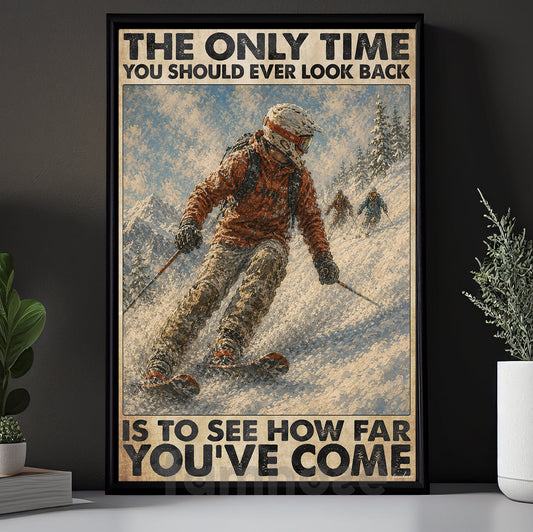 Skiing Canvas Painting, The Only Time You Should Ever Look Back Wall Art Decor, Poster Gift For Skiing Lover