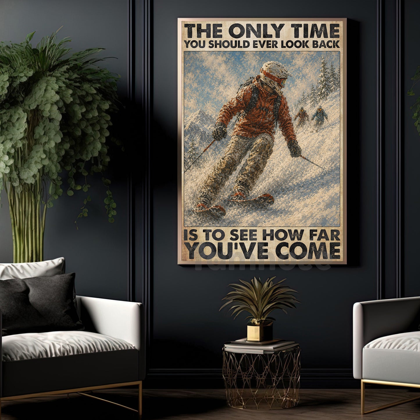 Skiing Canvas Painting, The Only Time You Should Ever Look Back Wall Art Decor, Poster Gift For Skiing Lover