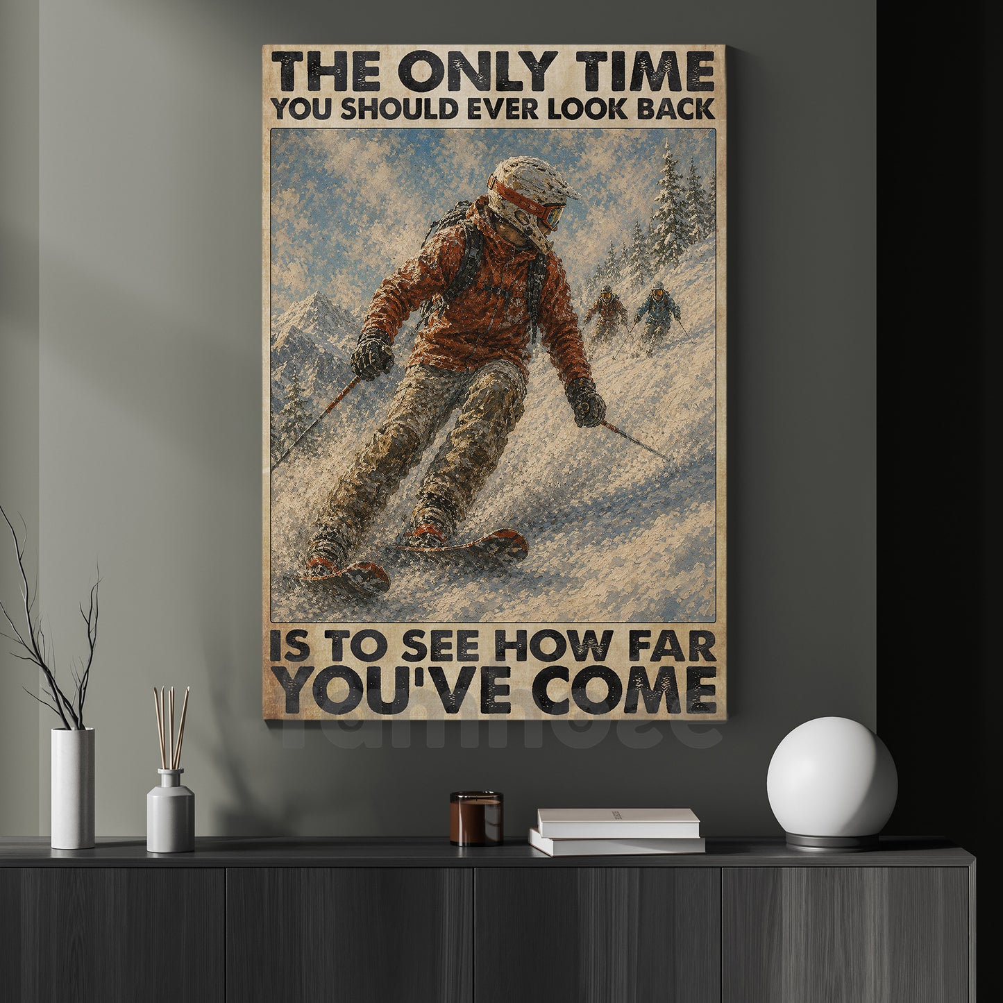Skiing Canvas Painting, The Only Time You Should Ever Look Back Wall Art Decor, Poster Gift For Skiing Lover