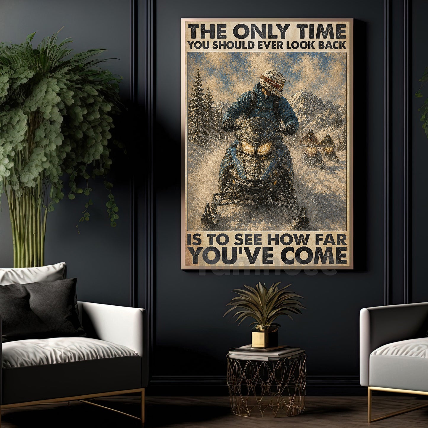 Snowmobile Canvas Painting, The Only Time You Should Ever Look Back Wall Art Decor, Poster Gift For Snowmobiling Lover