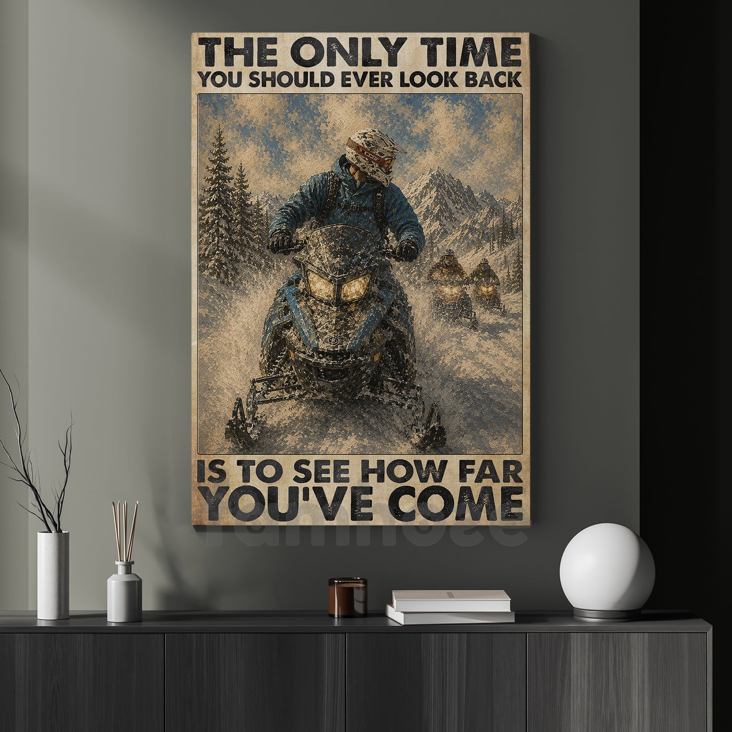 Snowmobile Canvas Painting, The Only Time You Should Ever Look Back Wall Art Decor, Poster Gift For Snowmobiling Lover