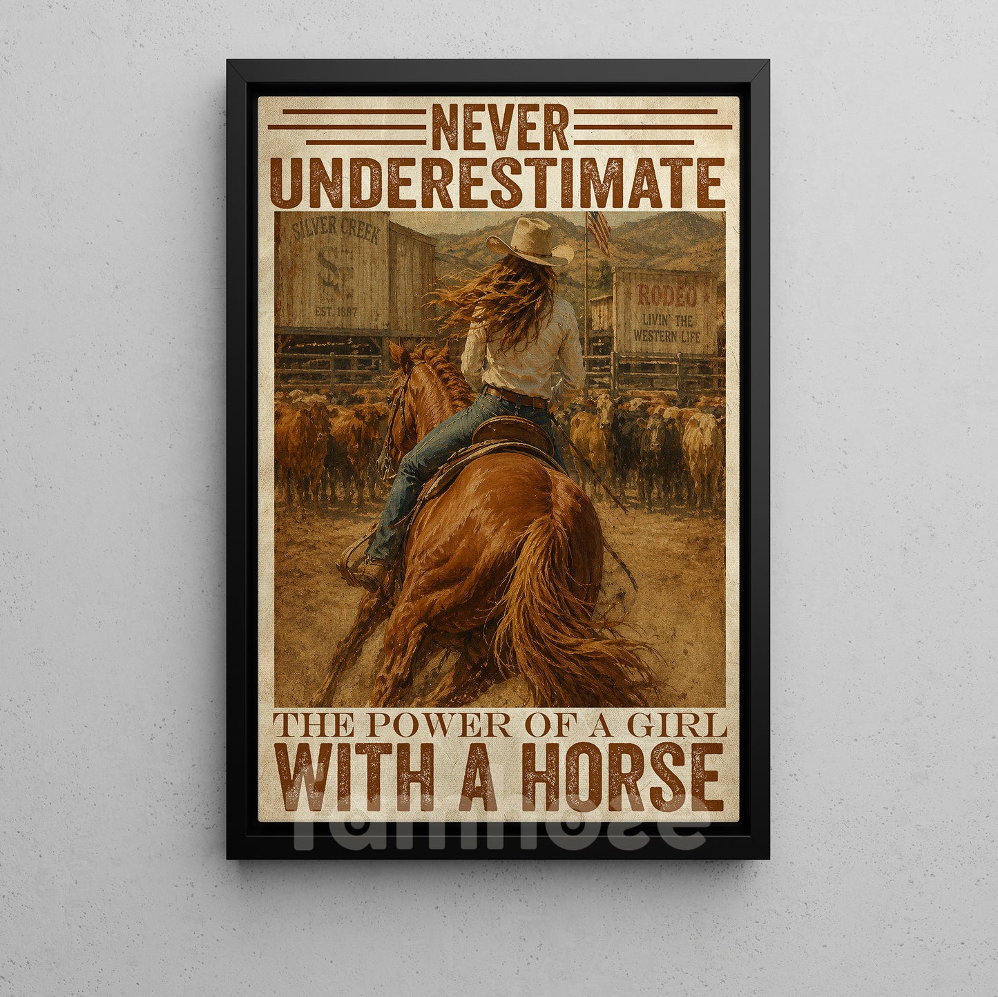 Cowgirl Riding Horse Canvas Painting, Never Underestimate The Power Of A Girl Wall Art Decor, Poster Gift For Cowgirls
