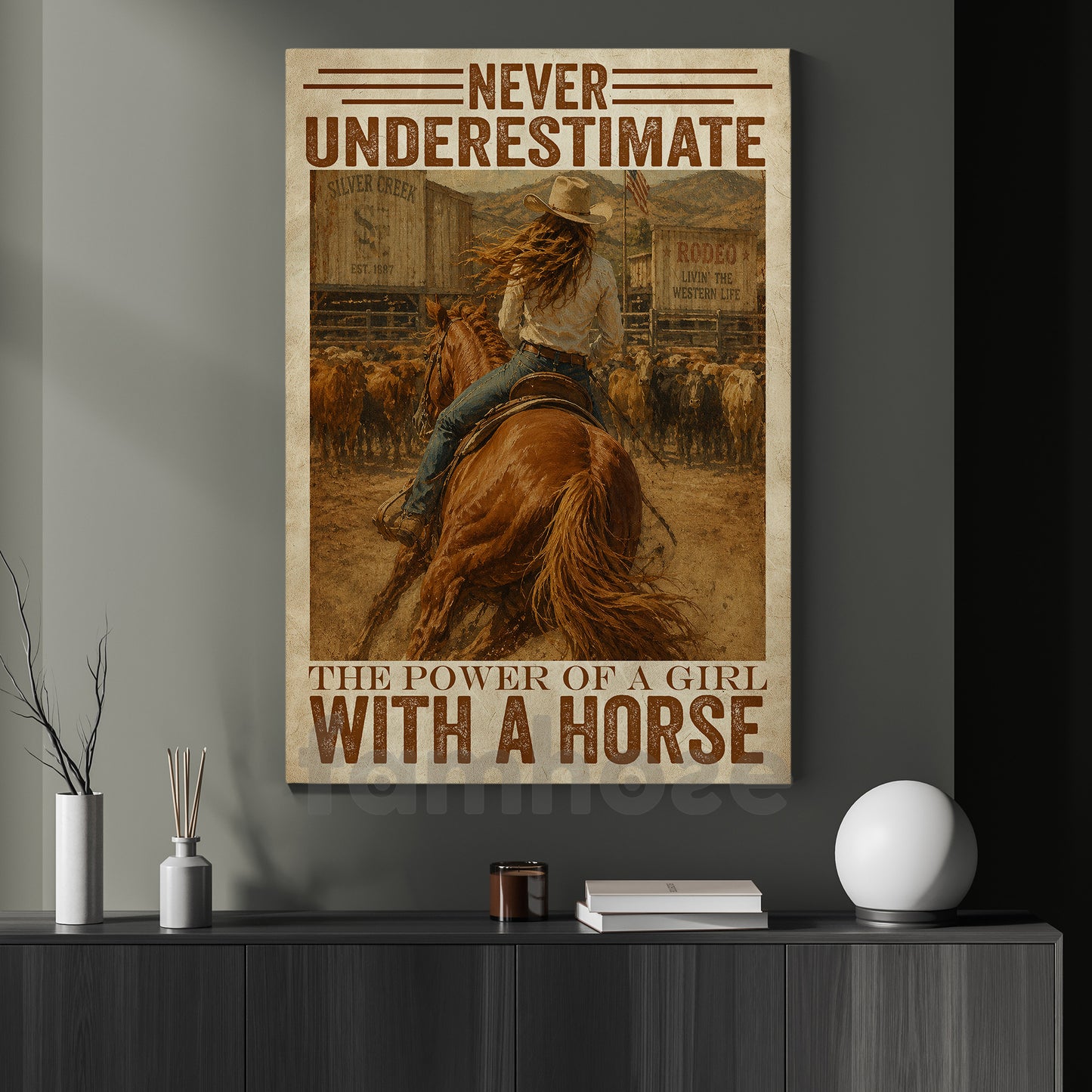 Cowgirl Riding Horse Canvas Painting, Never Underestimate The Power Of A Girl Wall Art Decor, Poster Gift For Cowgirls