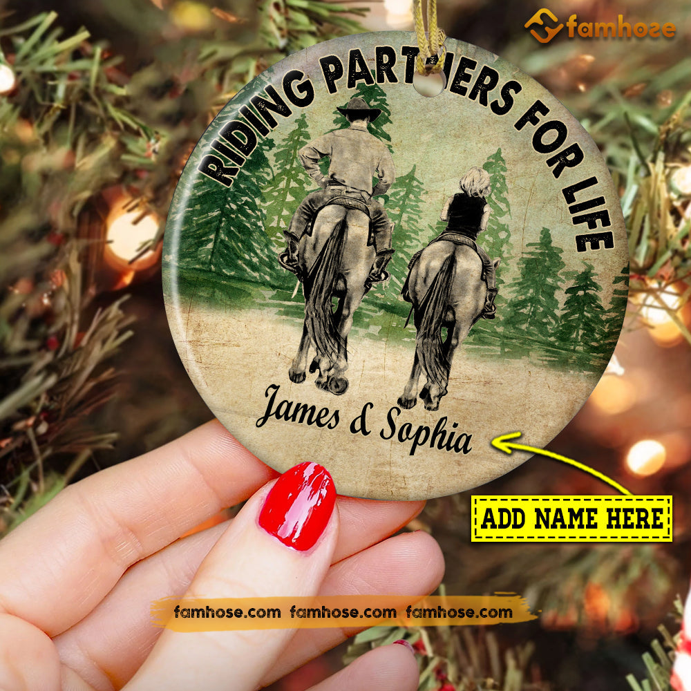 Christmas Horse Riding Ornament, Riding Partners For Life Gift For Horse Lovers, Personalized Custom Circle Ceramic Ornament