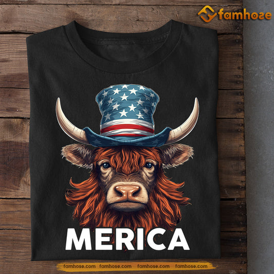 July 4th Highland Cow T-shirt, Merica With Hat Highland Cow Patriotic Tees, Independence Day Gift For Cow Lovers, Farmers