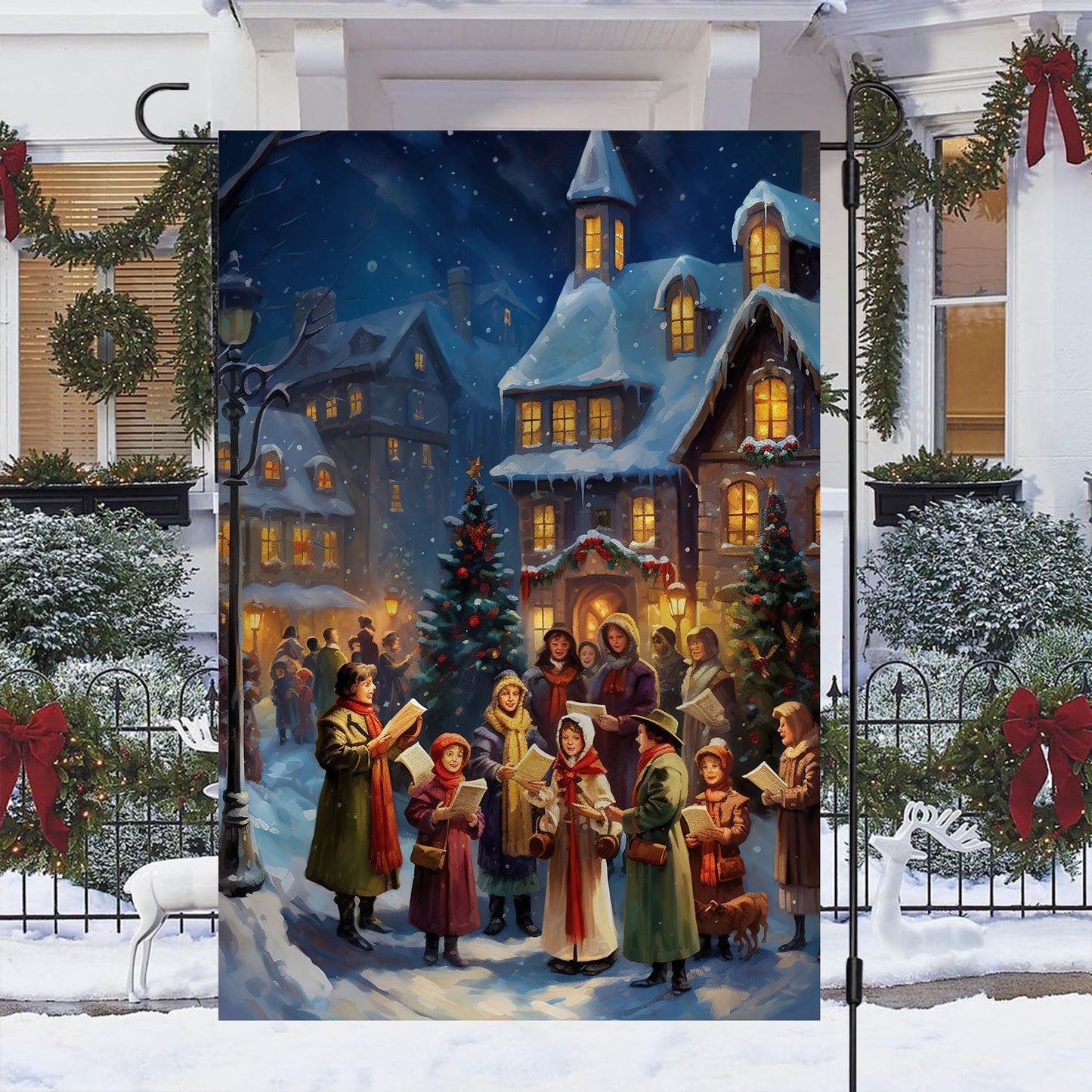 Carolers By The Candlelit Village Garden Flag & House Flag, Winter Flag Gift