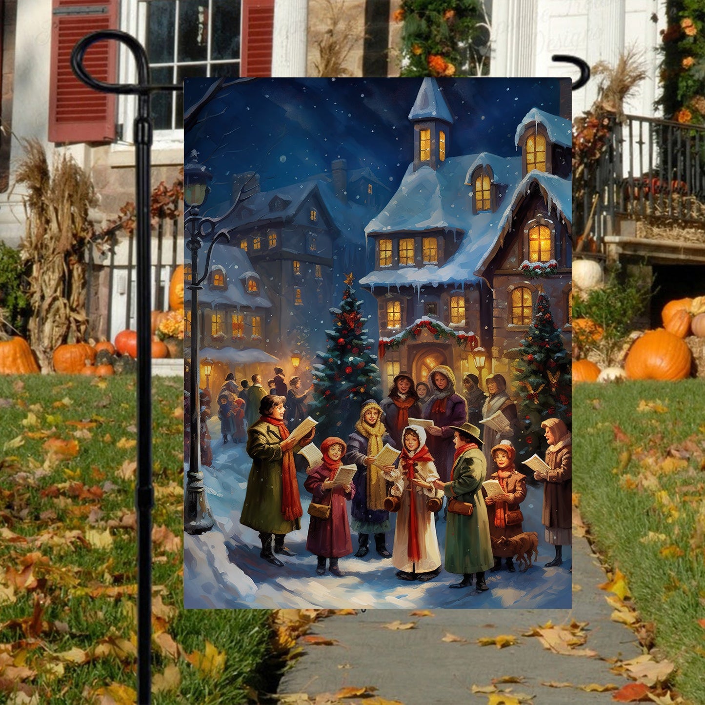 Carolers By The Candlelit Village Garden Flag & House Flag, Winter Flag Gift