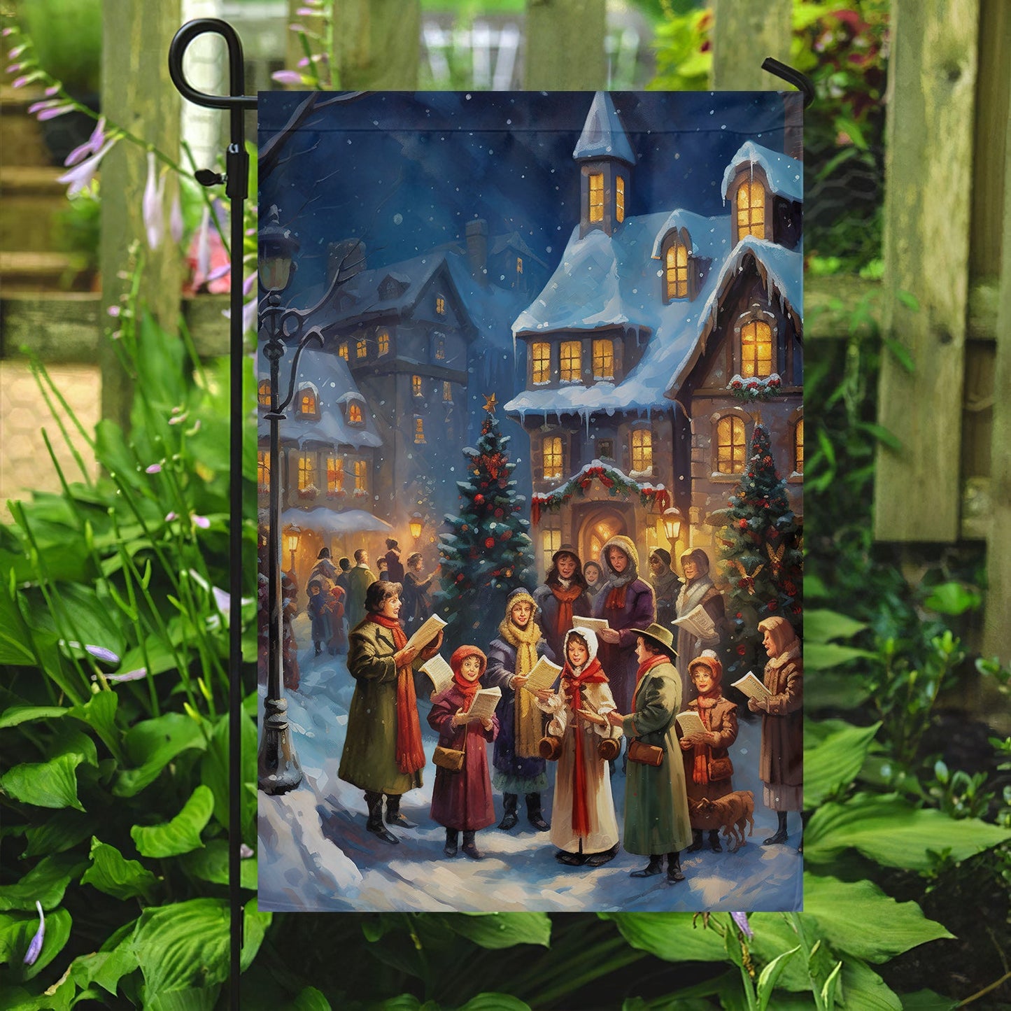 Carolers By The Candlelit Village Garden Flag & House Flag, Winter Flag Gift