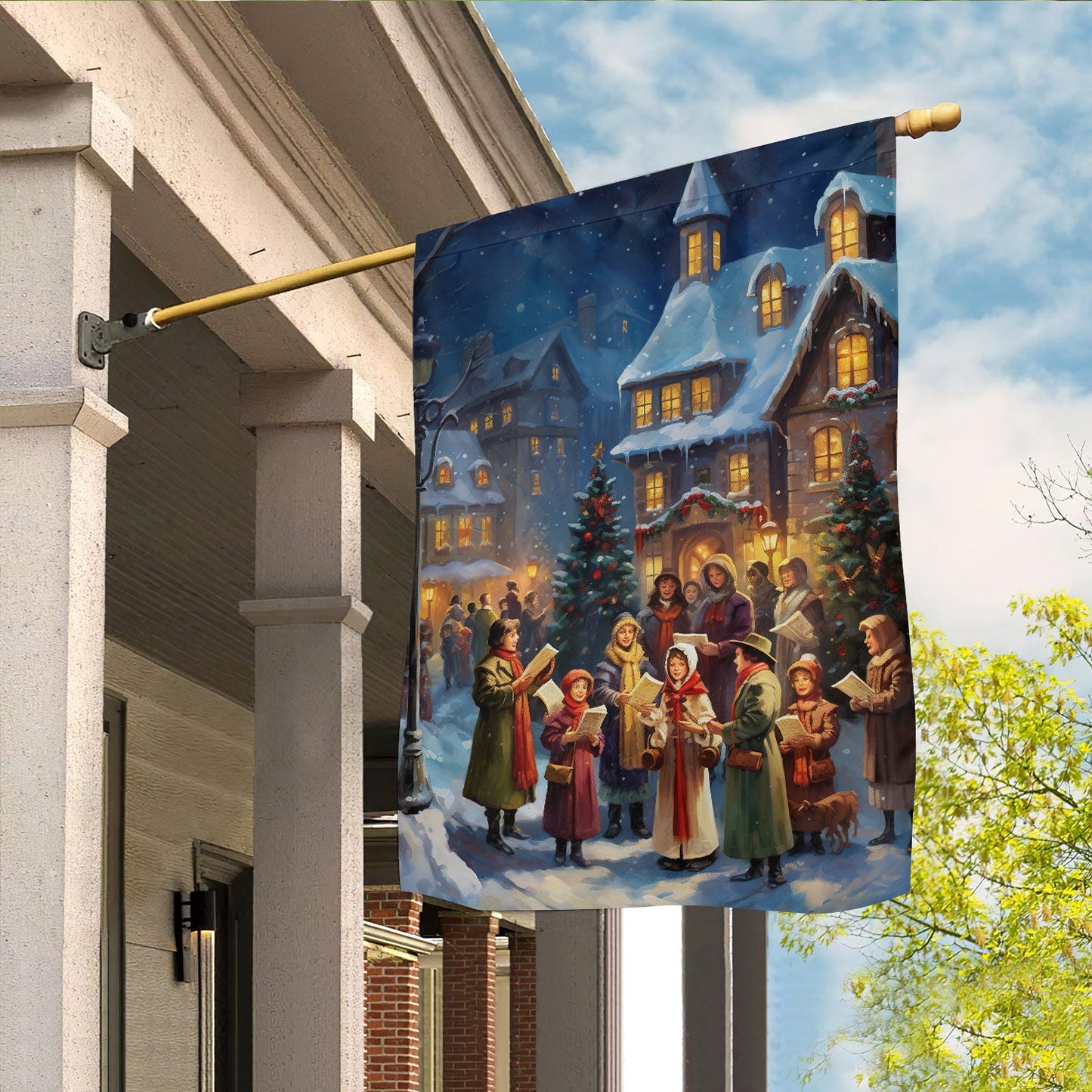 Carolers By The Candlelit Village Garden Flag & House Flag, Winter Flag Gift