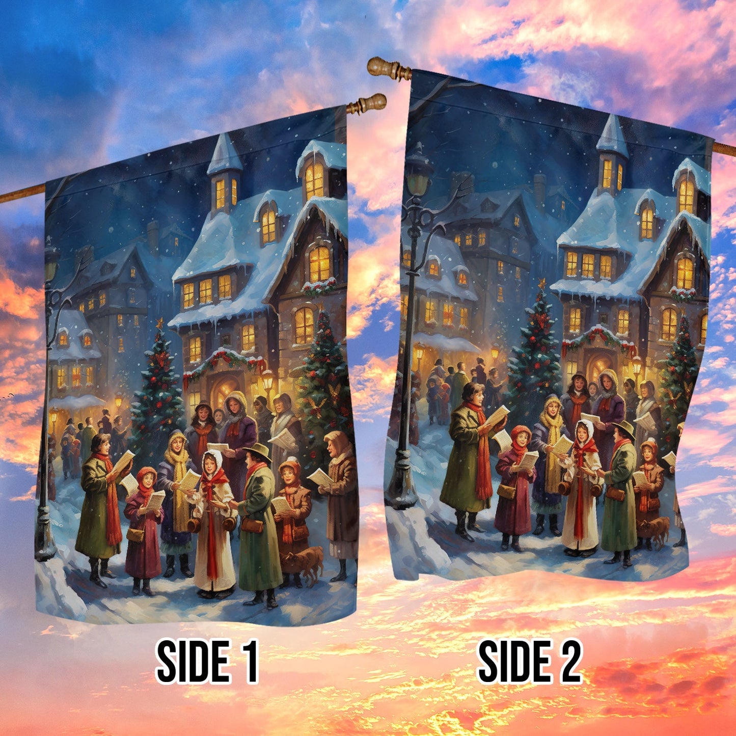 Carolers By The Candlelit Village Garden Flag & House Flag, Winter Flag Gift