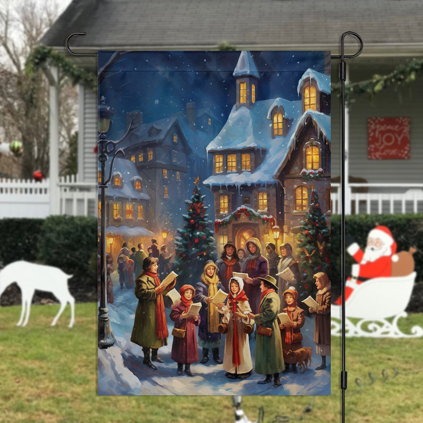 Carolers By The Candlelit Village Garden Flag & House Flag, Winter Flag Gift