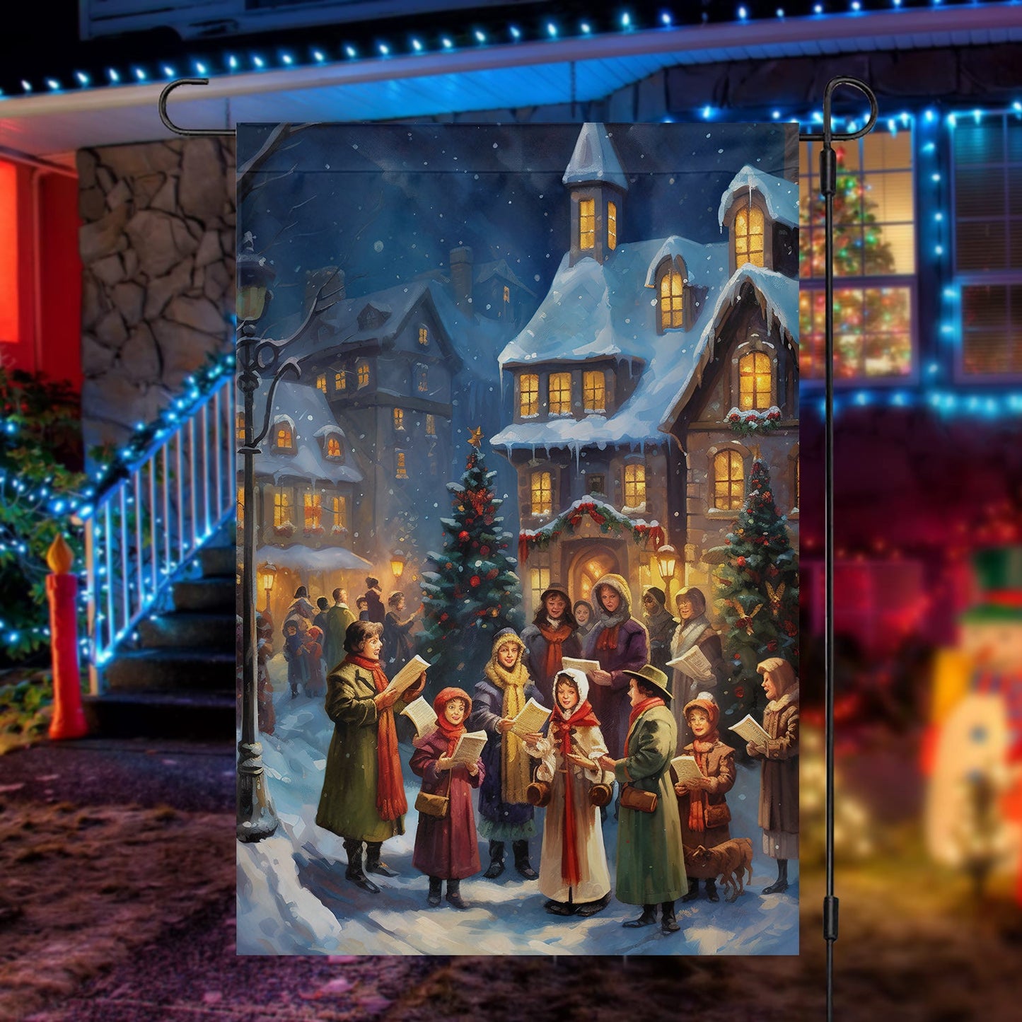 Carolers By The Candlelit Village Garden Flag & House Flag, Winter Flag Gift