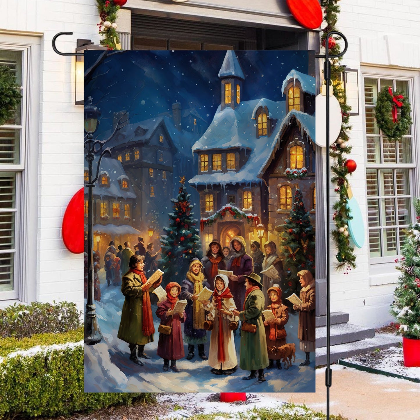 Carolers By The Candlelit Village Garden Flag & House Flag, Winter Flag Gift