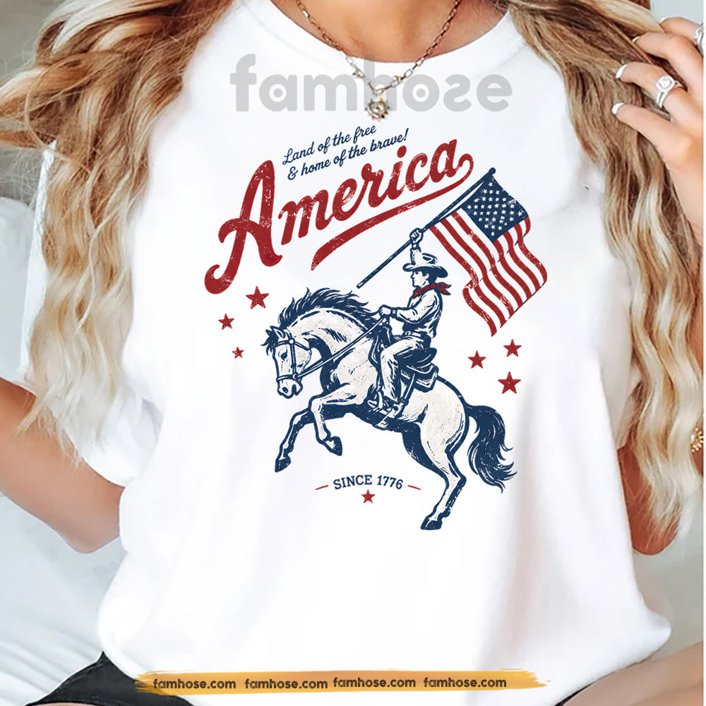 July 4th Cowboy T-shirt, Land Of The Free Tees Independence Day Gift For Cowboys