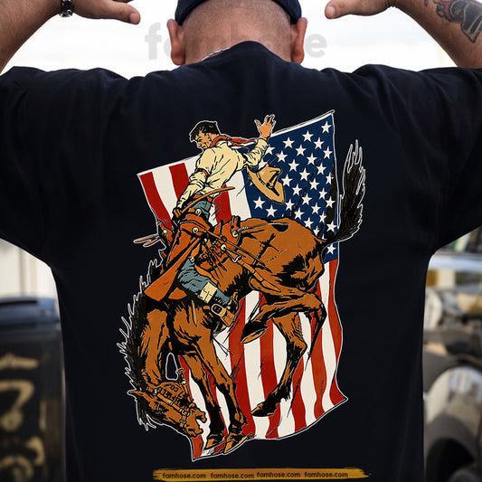 July 4th Rodeo Backside T-shirt, Bucking For Freedom Cowboy Spirit Never Dies Tees Independence Day Gift For Rodeo Lover