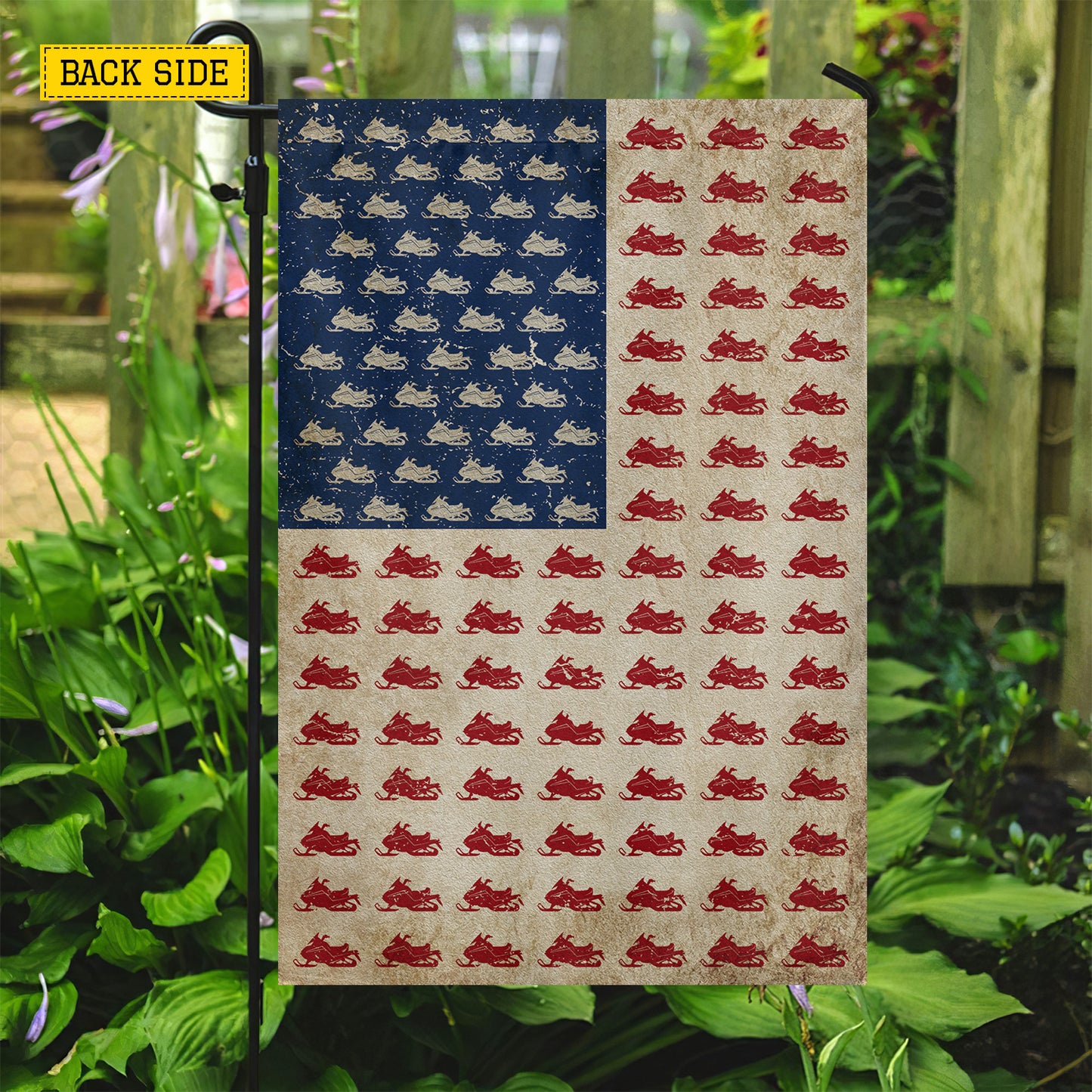 July 4th Snowmobile USA Garden Flag & House Flag, Stars Stripes And Snow Trails Outdoor Decor, Independence Day Yard Flag Gift For Snowmobiling Lover