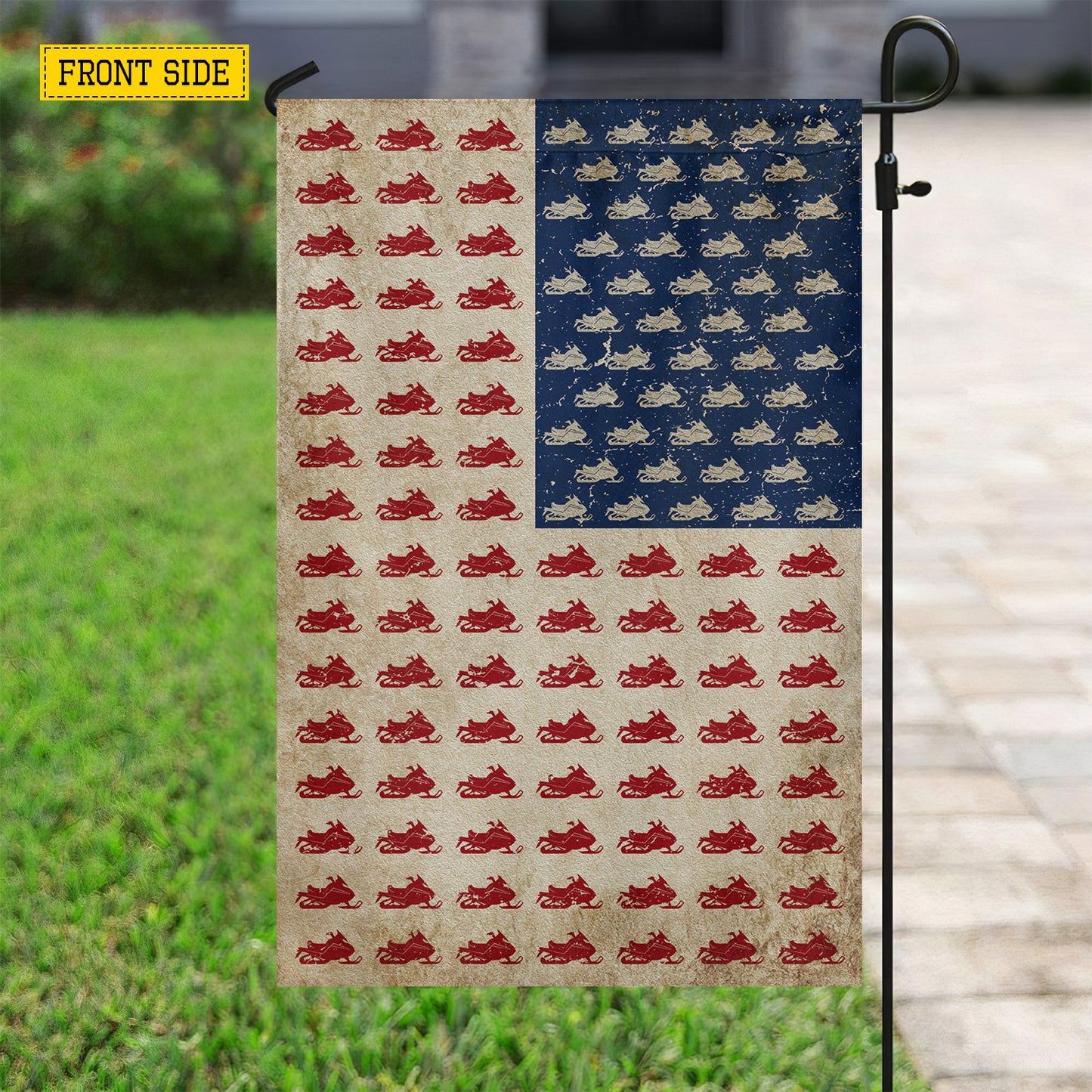July 4th Snowmobile USA Garden Flag & House Flag, Stars Stripes And Snow Trails Outdoor Decor, Independence Day Yard Flag Gift For Snowmobiling Lover
