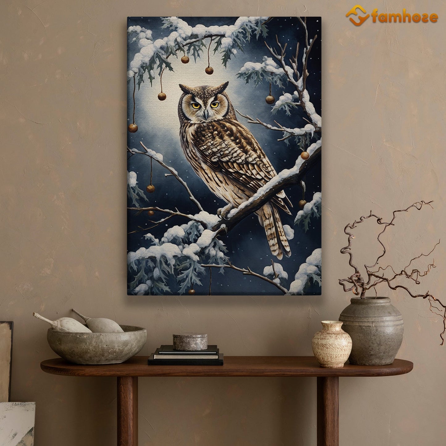 Silent Observer The Winter Owl's Vigil Christmas Canvas Painting, Xmas Wall Art Decor - Christmas Poster Gift