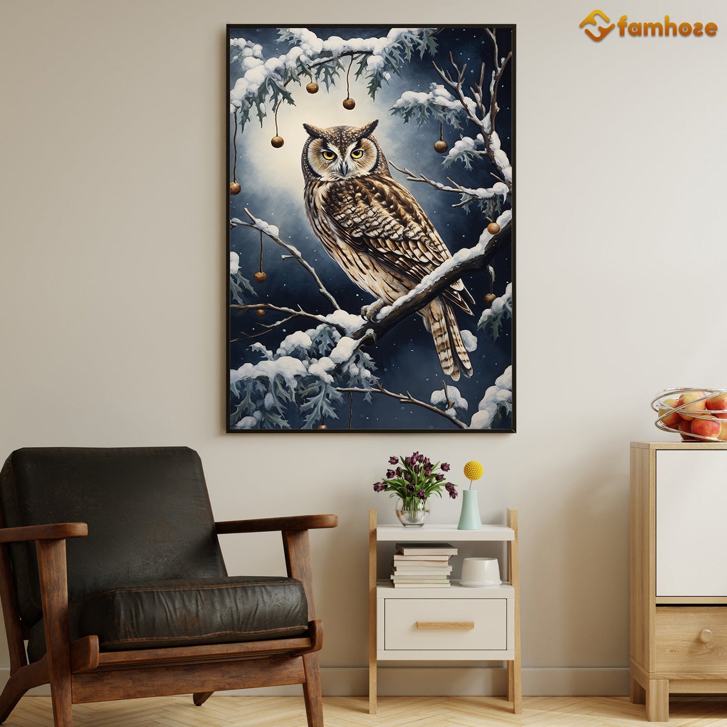 Silent Observer The Winter Owl's Vigil Christmas Canvas Painting, Xmas Wall Art Decor - Christmas Poster Gift