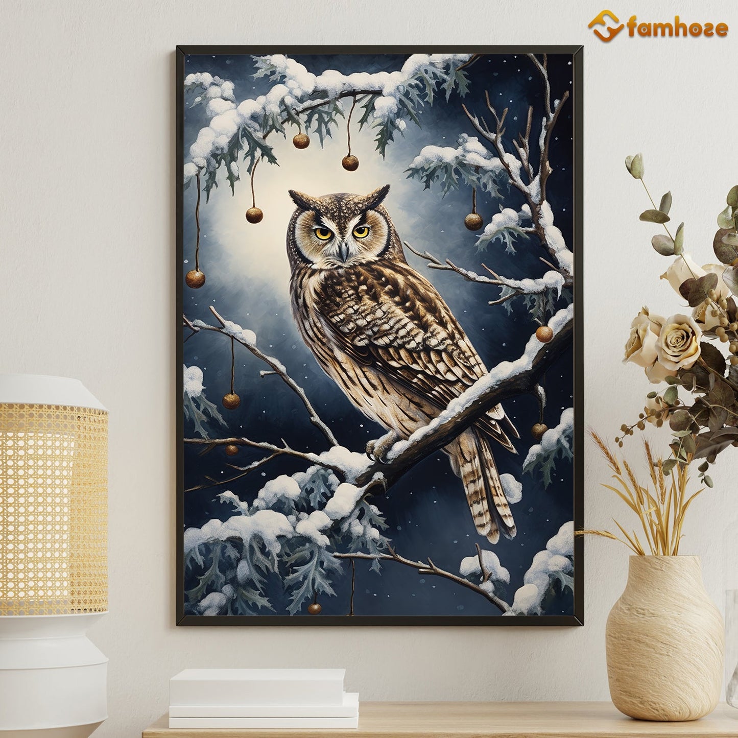 Silent Observer The Winter Owl's Vigil Christmas Canvas Painting, Xmas Wall Art Decor - Christmas Poster Gift