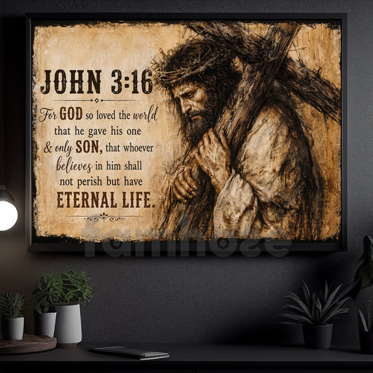 Vintage Jesus Canvas Painting, For God So Loved The World Wall Art Decor, Poster Gift For Christian