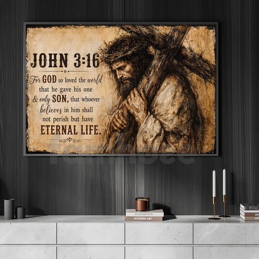 Vintage Jesus Canvas Painting, For God So Loved The World Wall Art Decor, Poster Gift For Christian