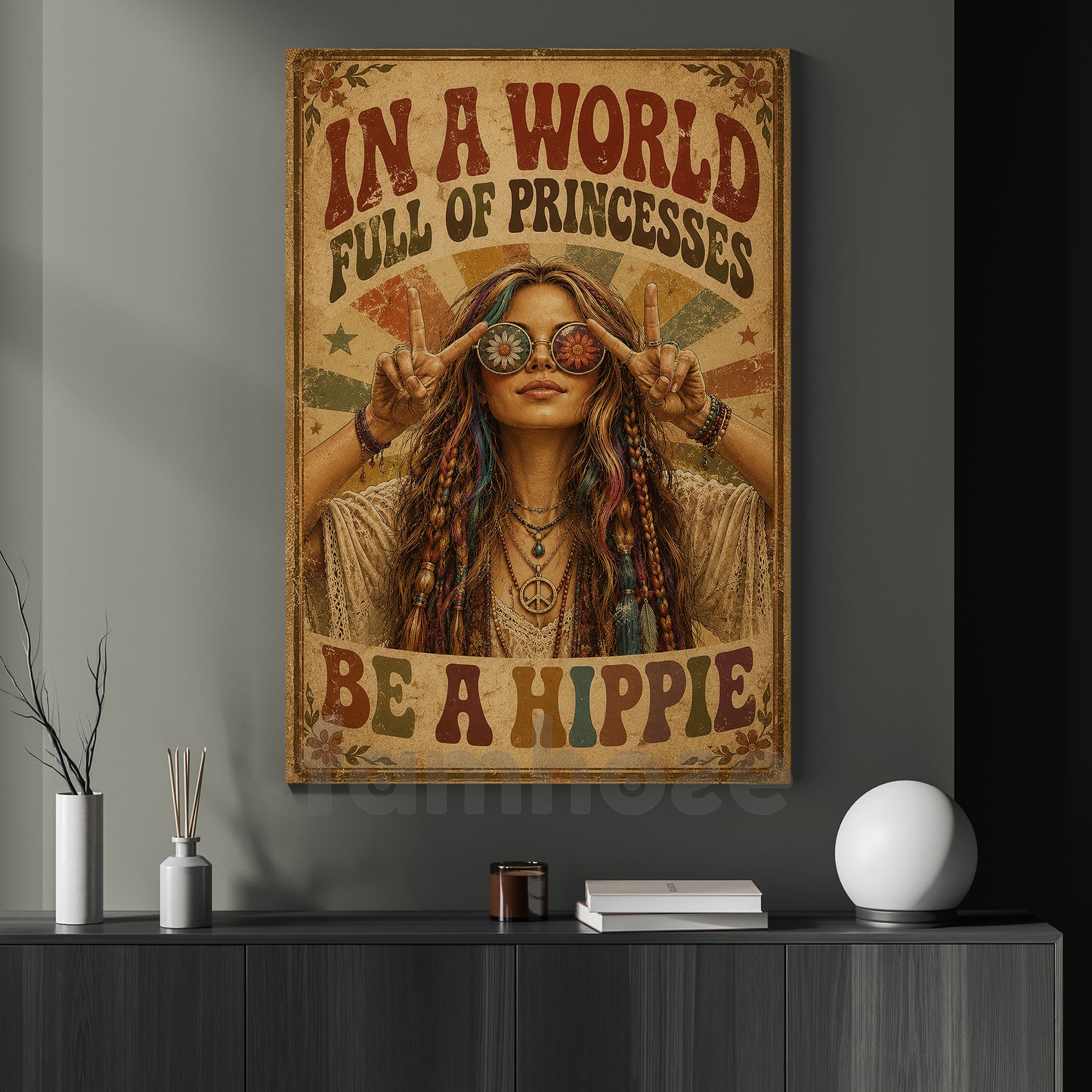 Boho Hippie Girl Canvas Painting, In A World Full Of Princesses Wall Art Decor, Poster Gift For Hippie Lover